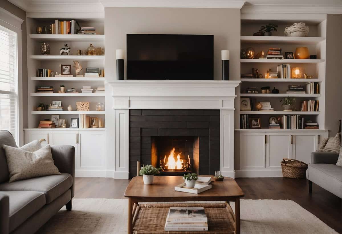 A cozy living room with a warm fireplace, a comfortable couch, and a bookshelf filled with family photos and children's books