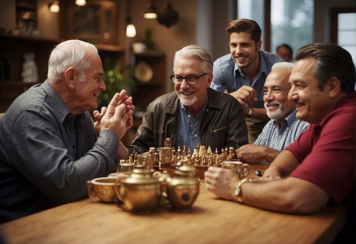 A group of men of varying ages gather around a table, engaged in lively conversation about settling down. Cultural symbols and artifacts adorn the room, reflecting diverse perspectives on the topic