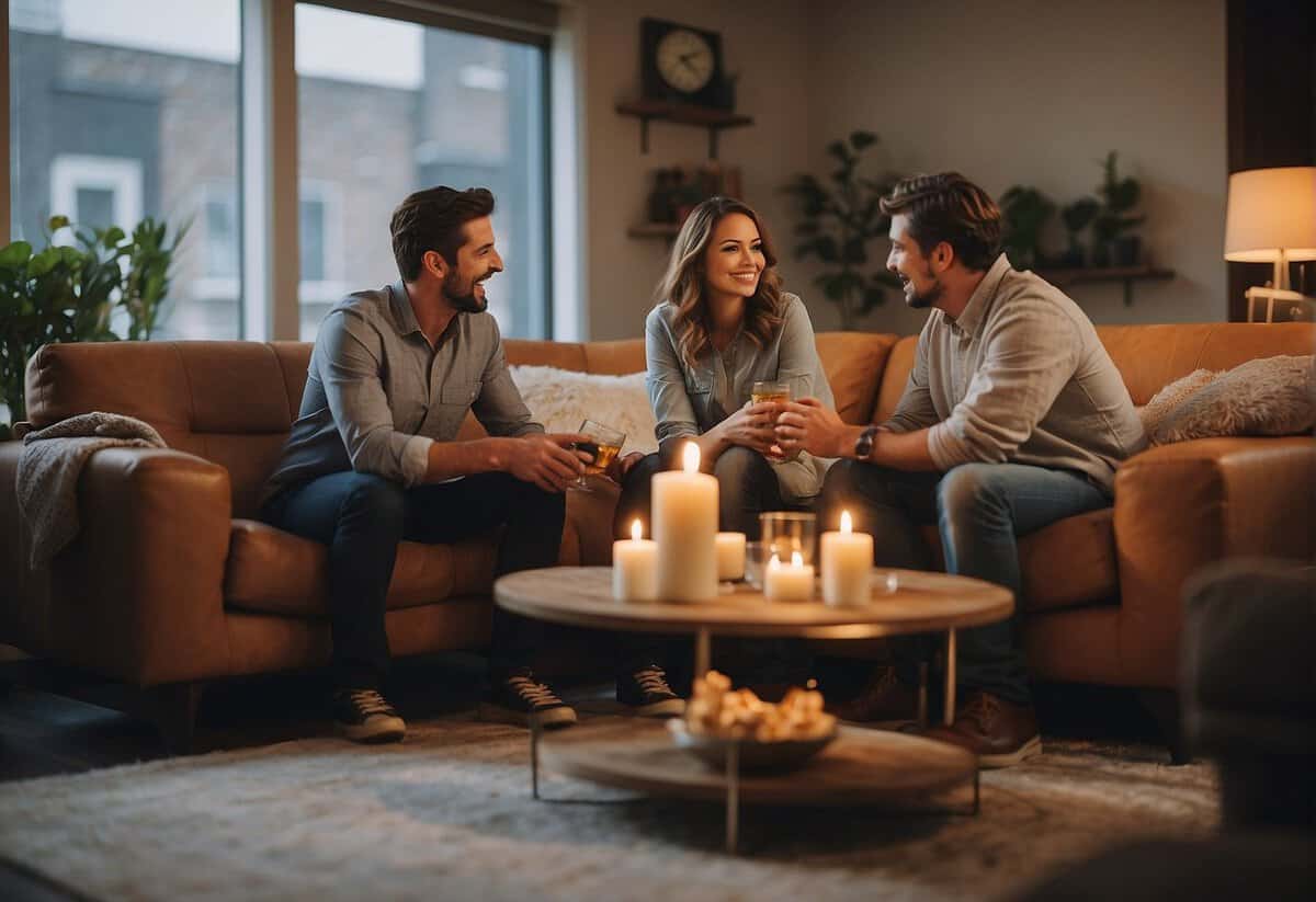 Couples discussing cohabitation, surrounded by household items and wedding imagery