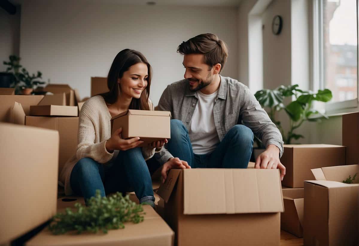 A couple unpacks boxes in a cozy apartment, symbolizing the benefits and challenges of living together before marriage