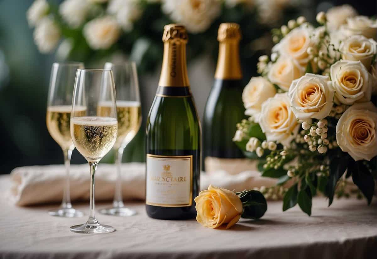 A wedding ring lies on a table, surrounded by a bouquet of flowers and a celebratory bottle of champagne
