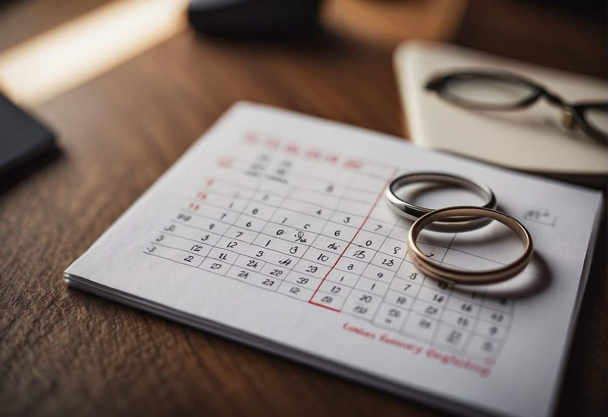 A calendar with the date circled in red, a wedding ring, and a pair of glasses on a table