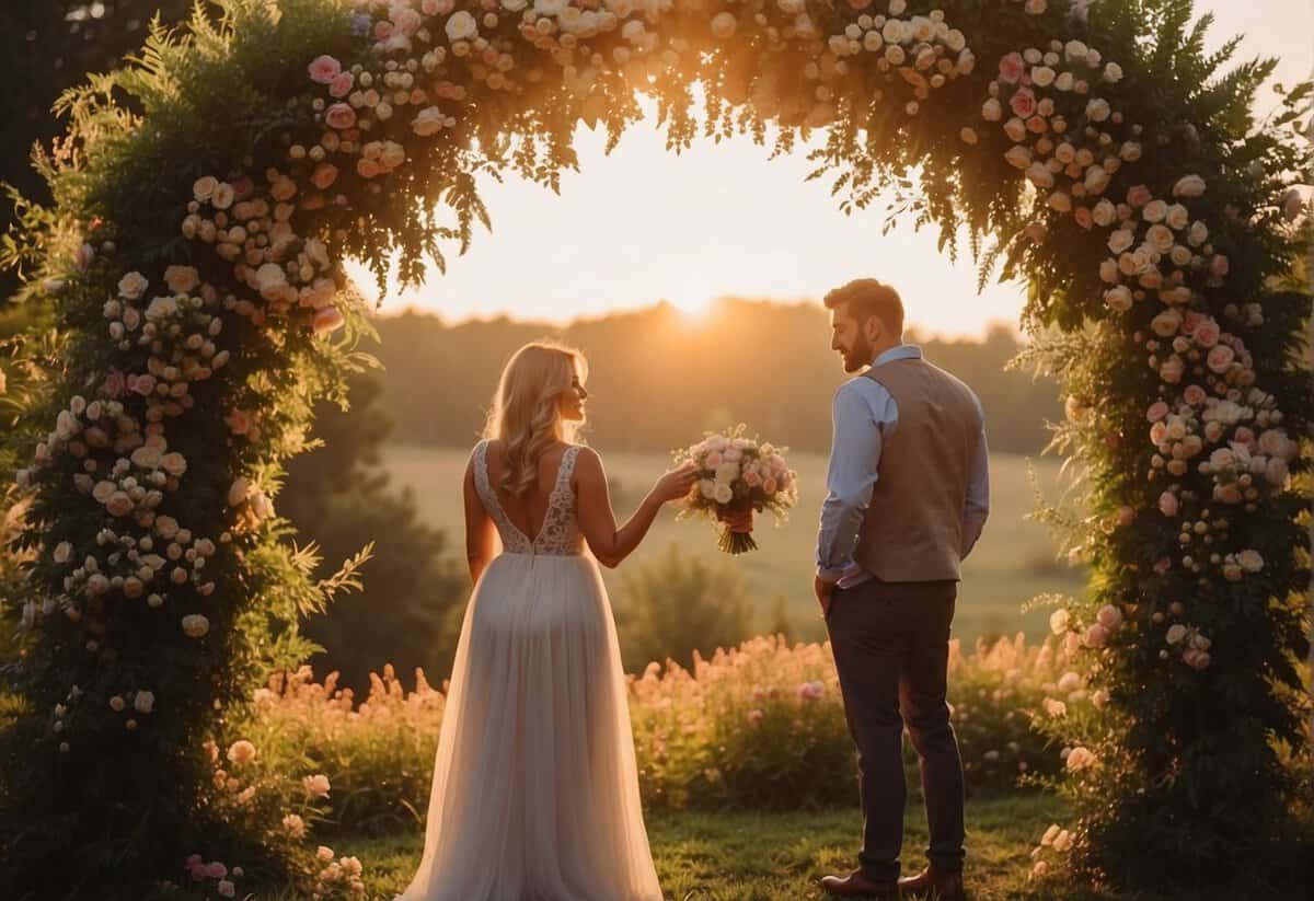 A couple stands under a floral arch, surrounded by friends and family. The sun sets behind them, casting a warm glow over the scene