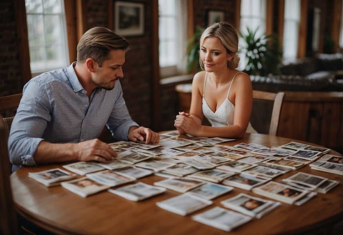 A couple sits at a table, surrounded by wedding magazines and a calendar. They appear contemplative, weighing the benefits and challenges of marrying later in life