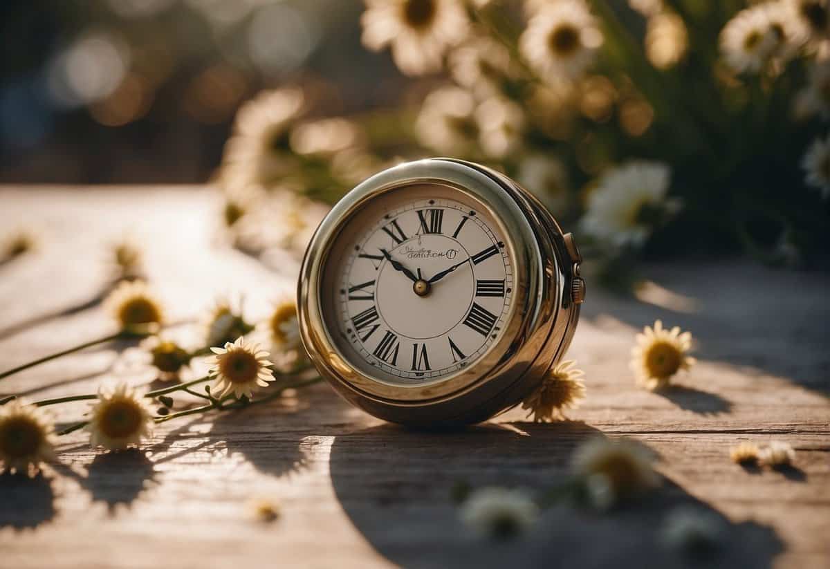 An empty wedding ring box on a sunlit table, surrounded by wilted flowers and a ticking clock