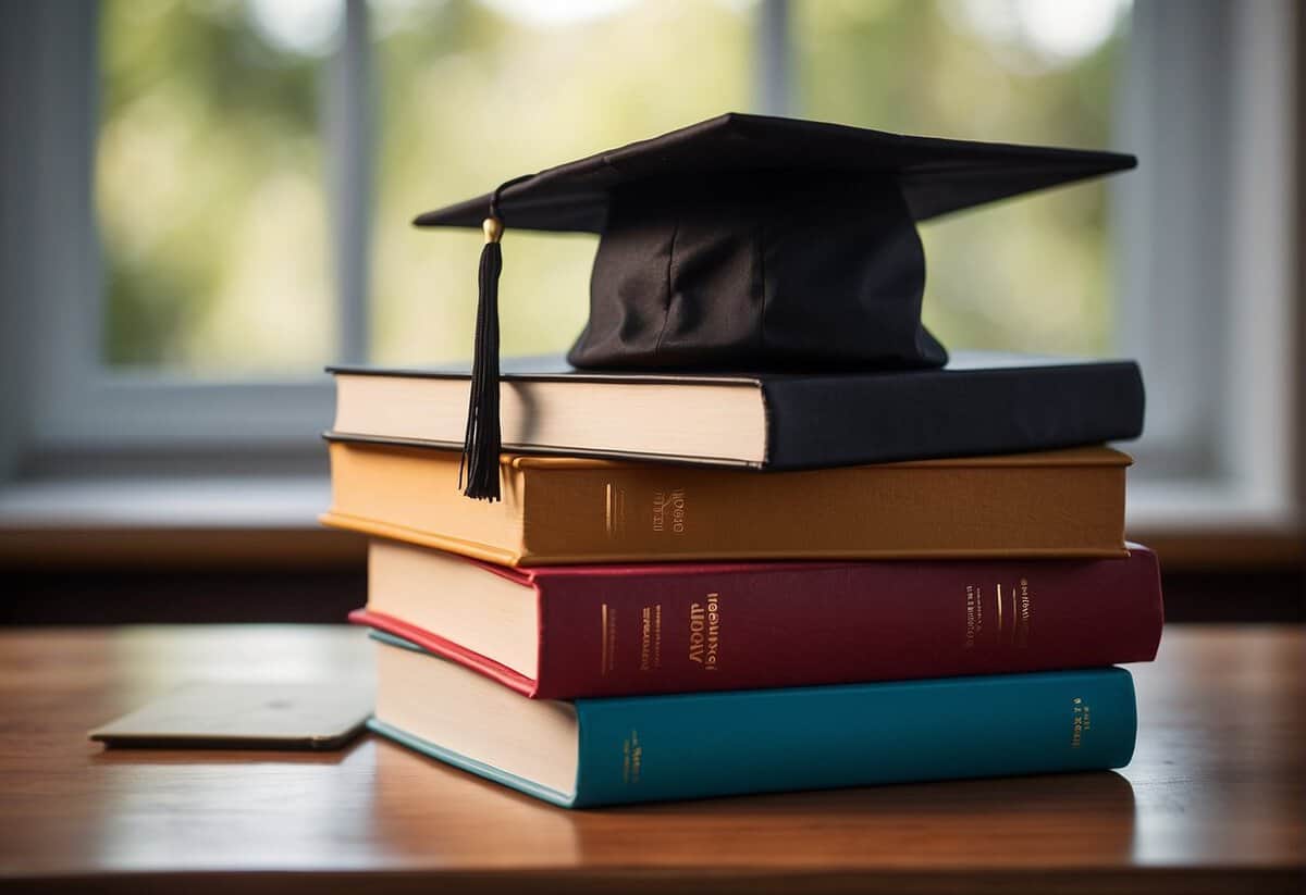 A stack of books and a graduation cap on a desk, symbolizing personal growth and readiness for marriage later in life