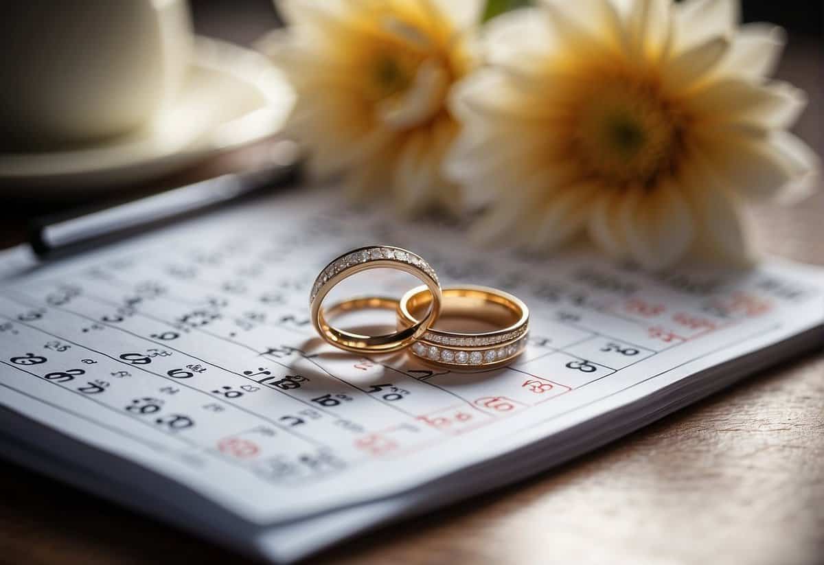 A wedding ring placed on a calendar, with dates and legal documents in the background
