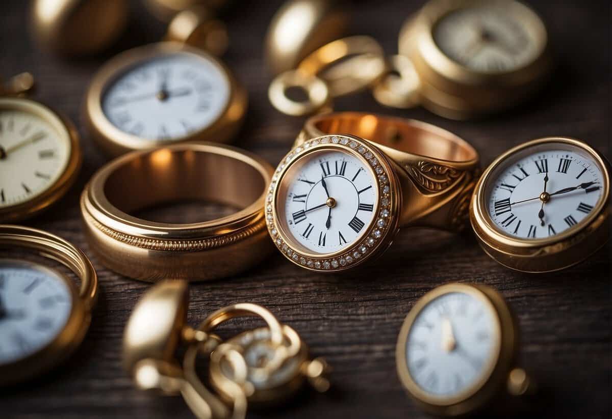 A wedding ring surrounded by clocks, symbolizing the passage of time and the question of whether it's better to marry later in life