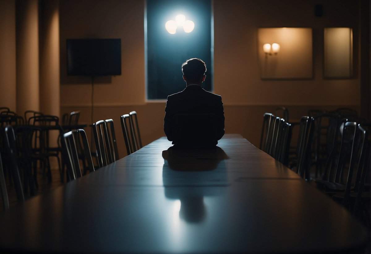 A solitary figure sits alone at a dimly lit table, surrounded by empty chairs. The figure appears contemplative, with a sense of longing and solitude in the atmosphere