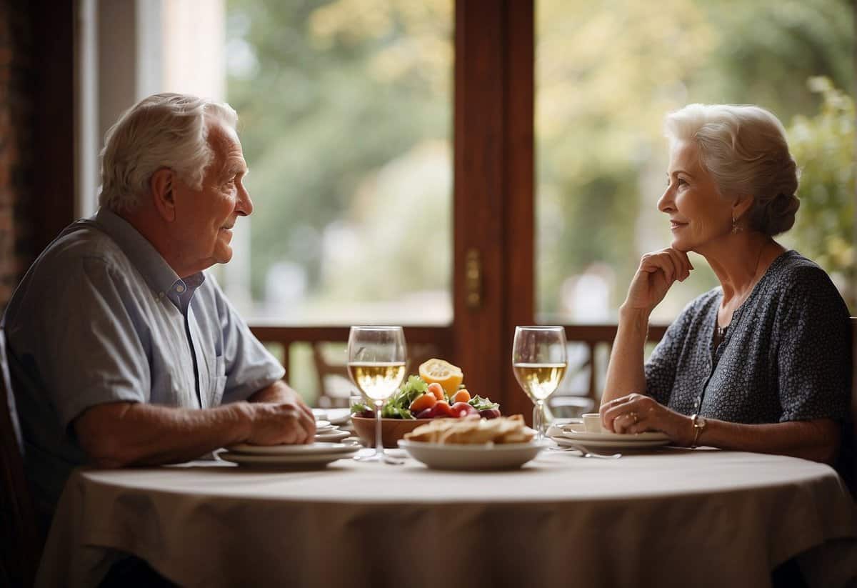 An older couple sitting at a dinner table, looking distant. Empty chairs symbolize missed opportunities for a larger family