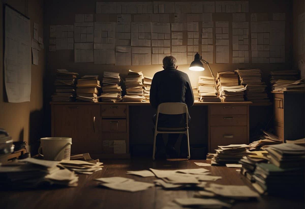 A solitary figure sits alone in a dimly lit room, surrounded by clutter and paperwork. A calendar on the wall shows the passage of time. The figure looks pensive, with a hint of concern etched on their face
