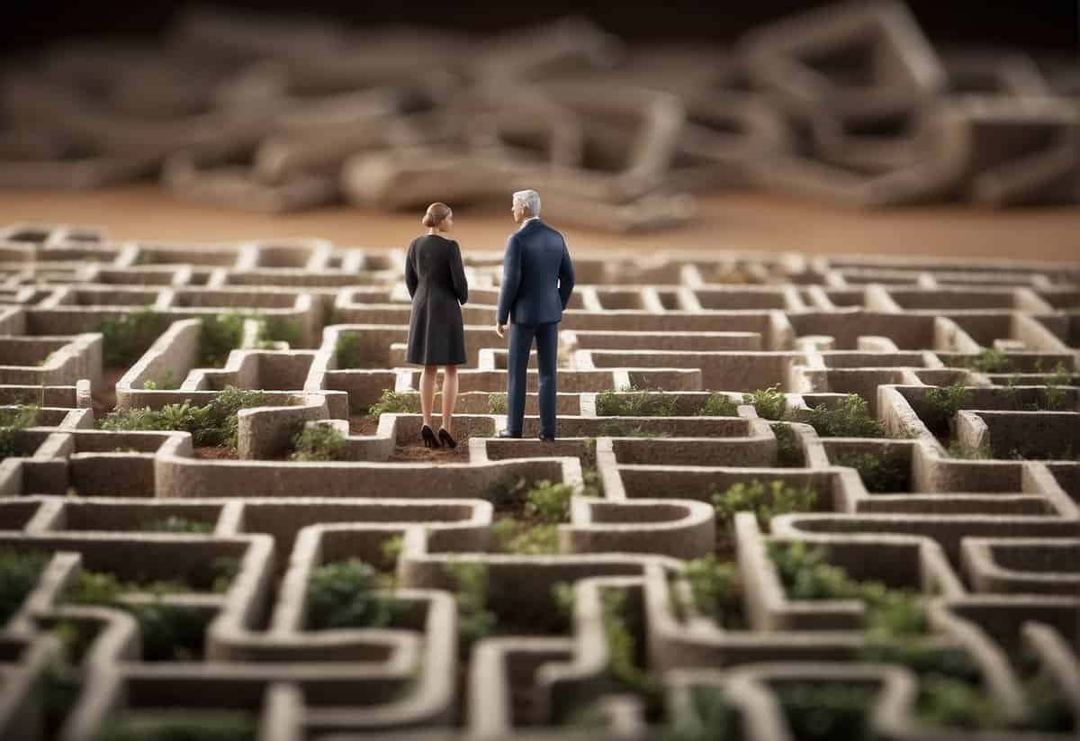 A couple navigating through a maze of legal documents and logistical hurdles, with roadblocks and obstacles representing the challenges of getting married at an older age