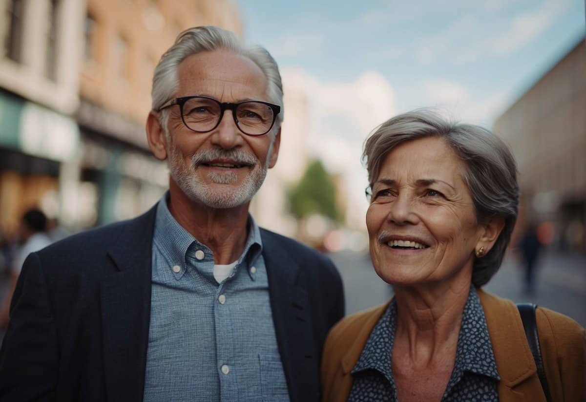 An older woman confidently leads her husband through a bustling city, challenging traditional gender roles. Onlookers show surprise and curiosity