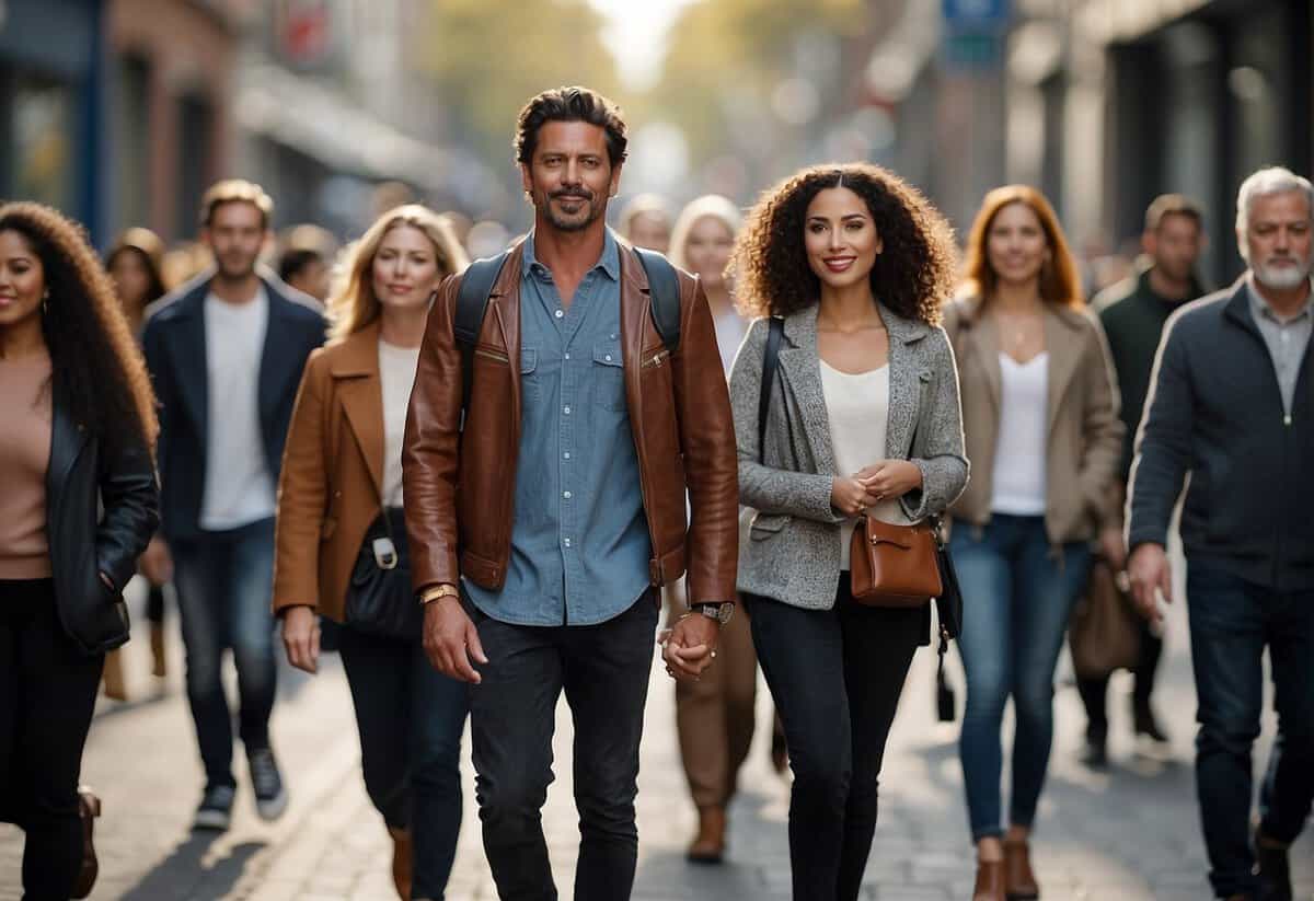 A crowded urban street with diverse couples of various ages and backgrounds, walking hand in hand, symbolizing the modern dating landscape