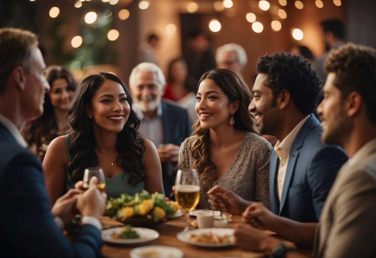 A diverse group of individuals from various cultural backgrounds interacting at a social gathering, representing different societal norms and traditions regarding marriage