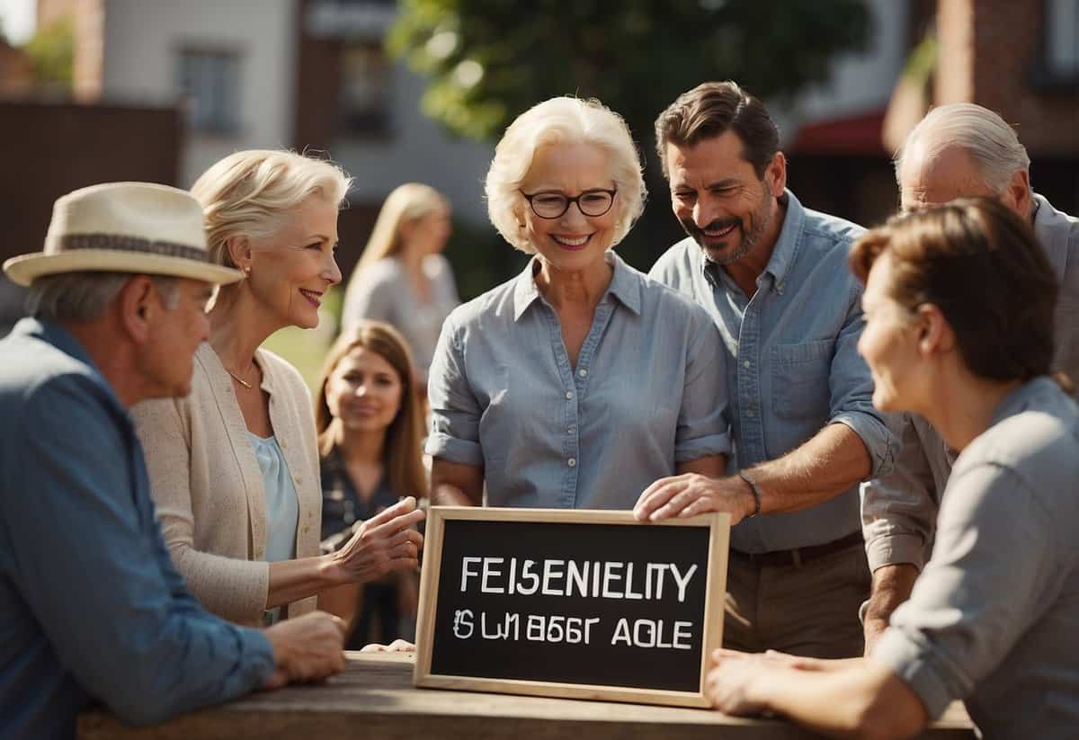 A group of people of various ages gathered around a sign that reads "Frequently Asked Questions: What age do most people meet their spouse?" Some are pointing and discussing, while others are reading intently