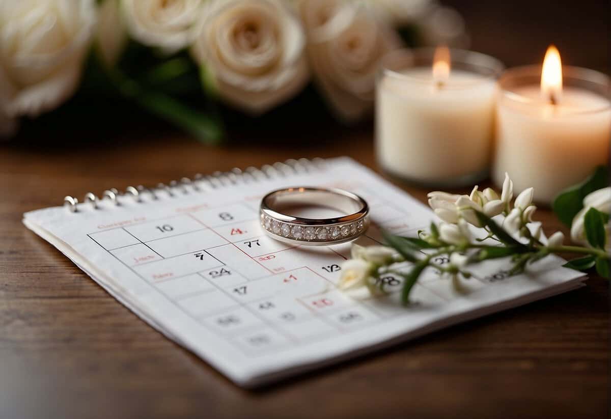 A wedding ring sits on a table, surrounded by flowers and candles. A calendar with the date circled in red is visible in the background