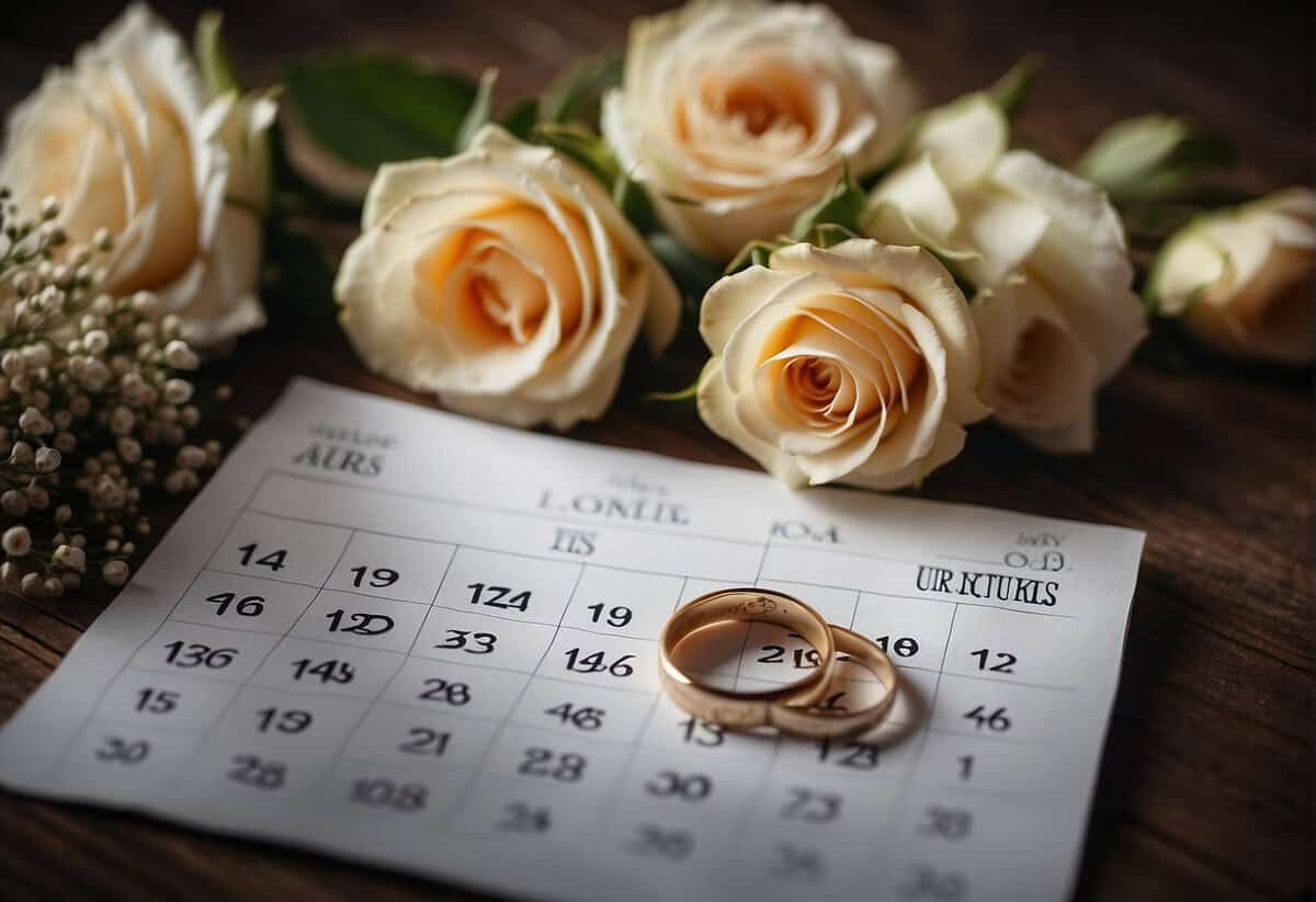A calendar with the number 48 circled, surrounded by images of wedding rings, flowers, and a couple embracing