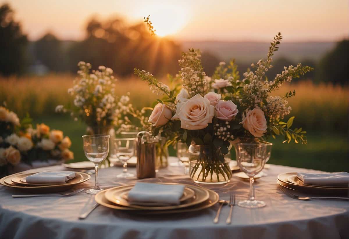 A serene outdoor wedding setting with blooming flowers and a beautiful sunset in the background