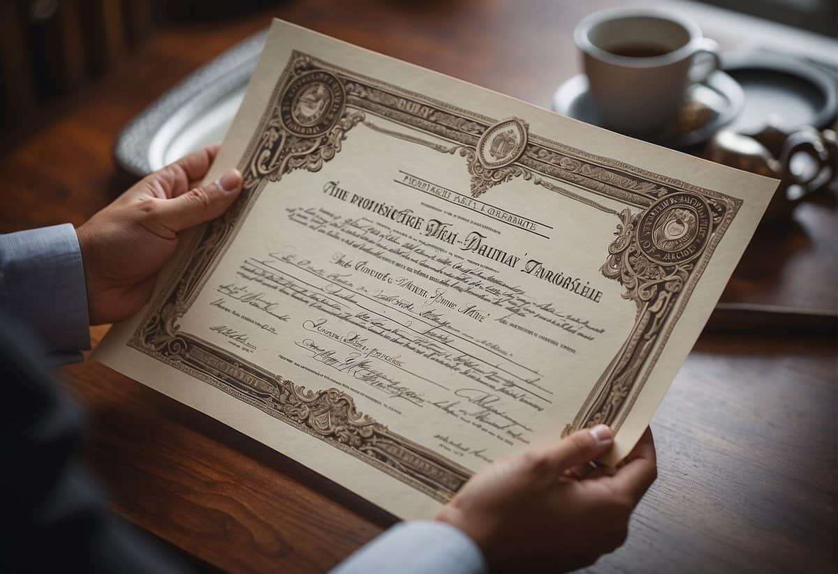 A person holding a marriage certificate, surrounded by legal and cultural symbols, with a question mark hovering above them