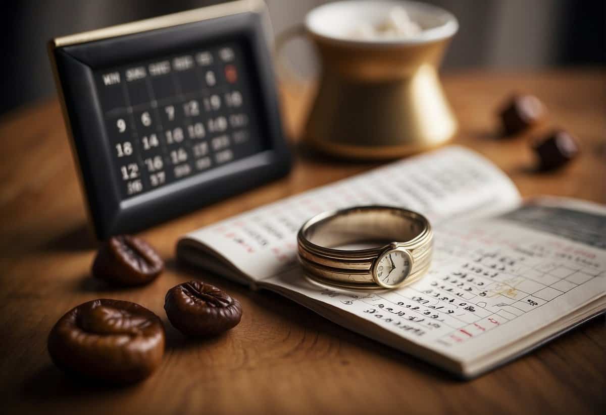 A calendar with dates crossed out, a clock showing late hours, and a wedding ring on a shelf