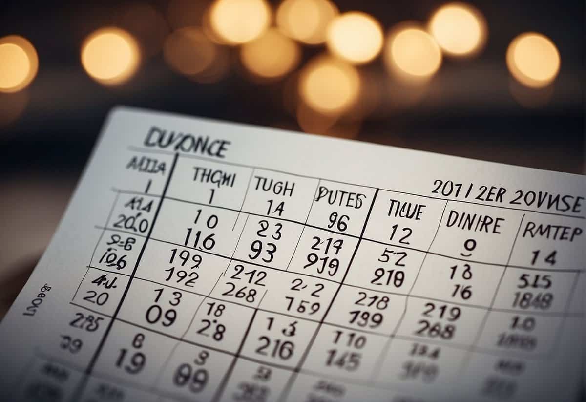 A calendar with wedding dates crossed out and divorce dates circled