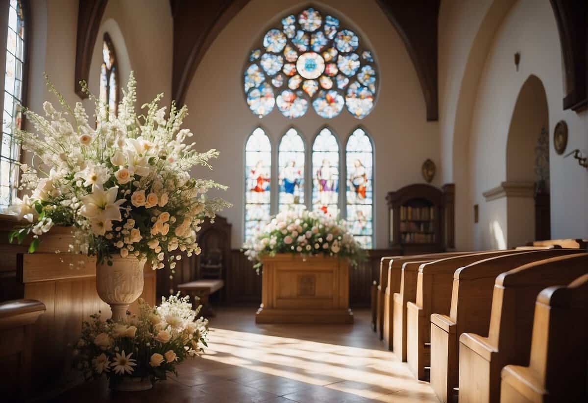 A sunlit chapel with flowers and music, filled with joy and love