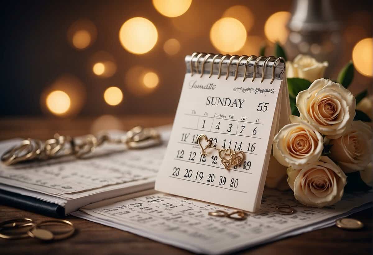 A calendar with the date "Sunday" highlighted, surrounded by wedding-related imagery like rings, flowers, and a bride and groom silhouette