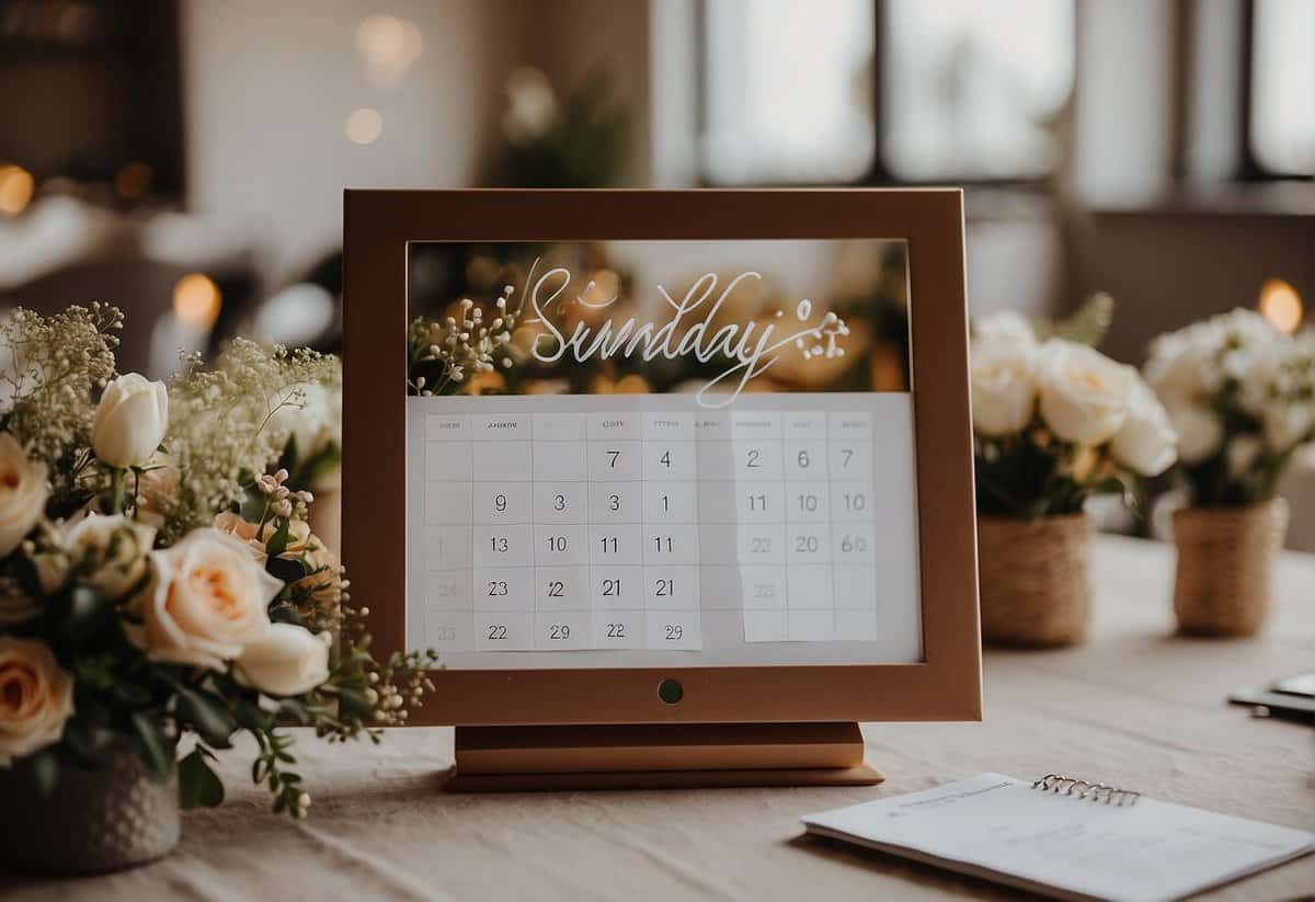 A calendar with a Sunday date circled, wedding decor and flowers arranged on a table, a checklist and a planner open with the words "Sunday Wedding" written on it