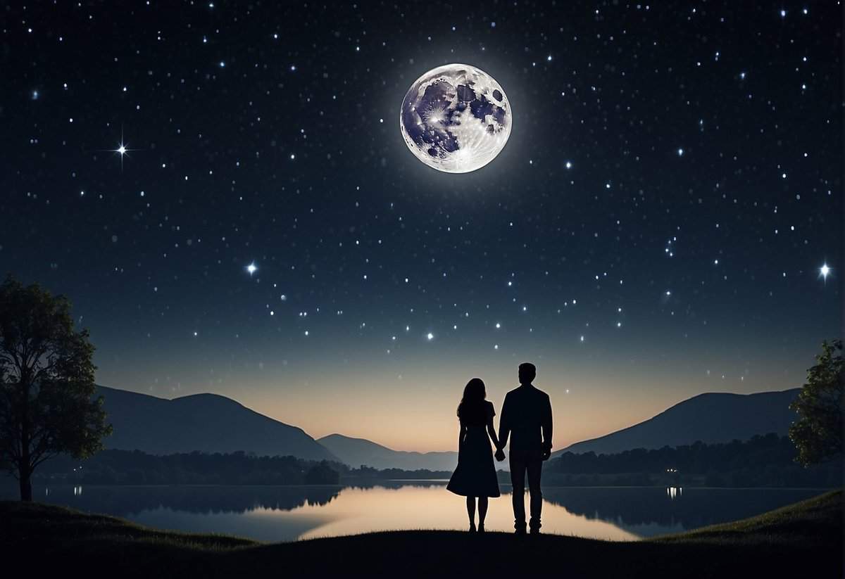 A couple stands beneath a full moon, surrounded by twinkling stars and a serene nighttime landscape