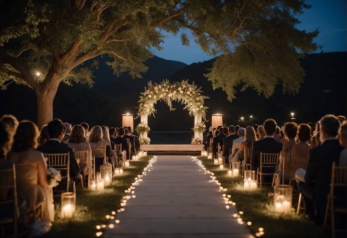 A serene night with a full moon illuminating a picturesque outdoor wedding setting, casting a soft, romantic glow over the ceremony and celebration