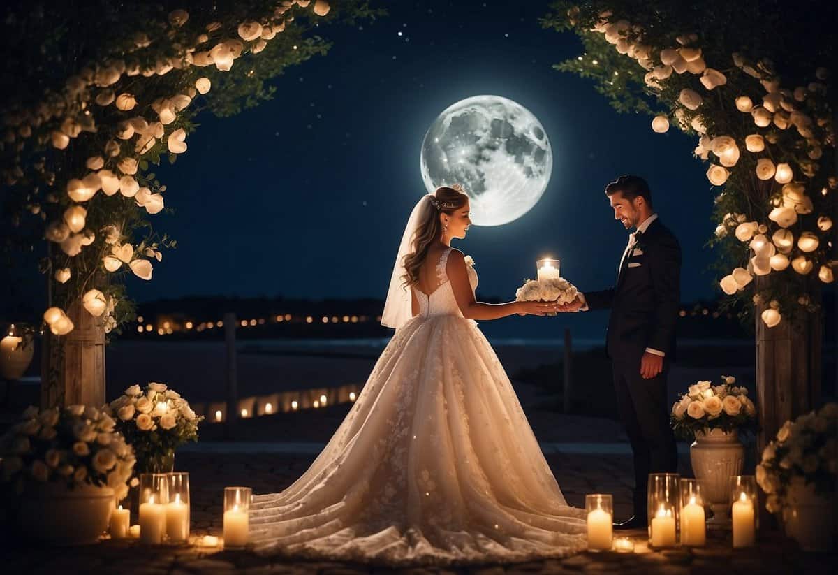 A bride and groom stand beneath a full moon, surrounded by symbolic items like candles, flowers, and traditional wedding decor