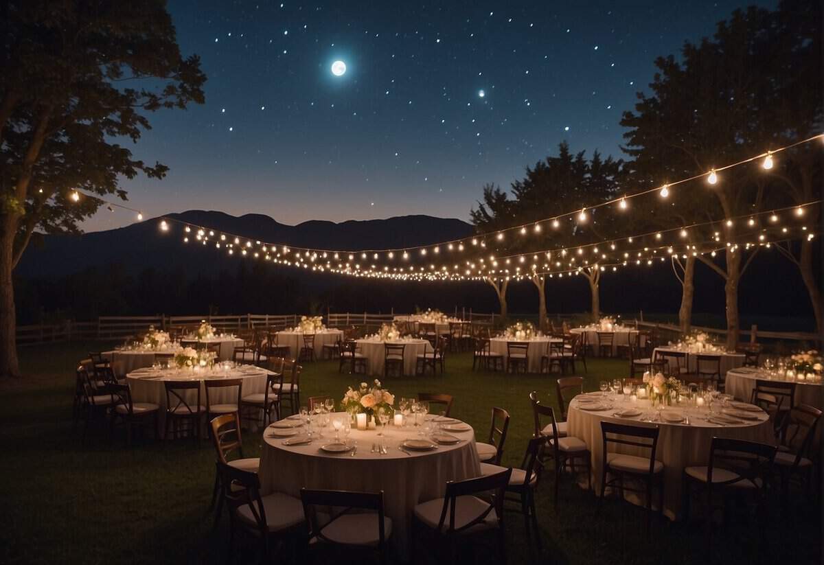 A serene night sky with a full moon shining brightly, casting a soft glow over a tranquil outdoor wedding venue
