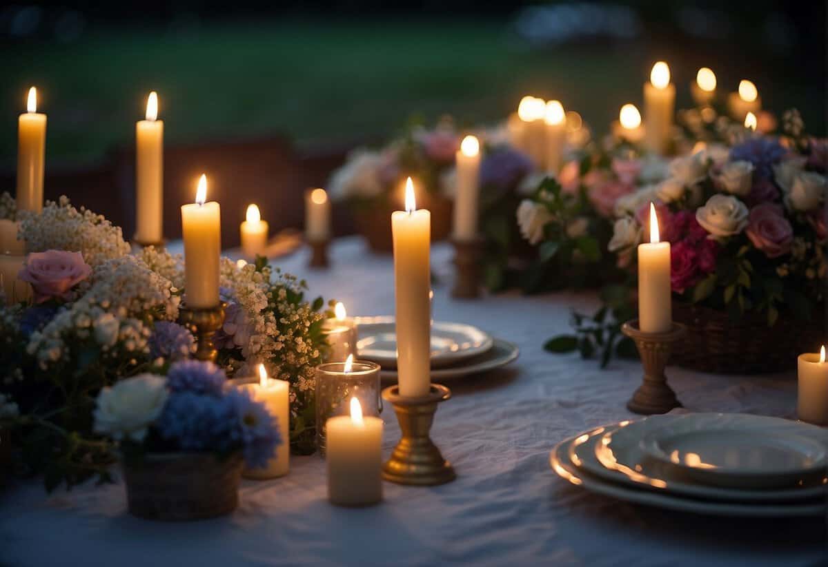 The full moon shines brightly over a serene outdoor setting, with candles and flowers arranged in a circle for a ceremonial wedding celebration