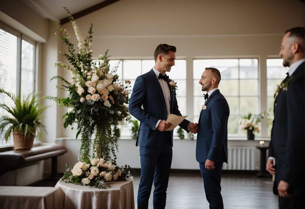A groom and an officiant stand at a registry office. The groom asks if a best man is needed for the wedding
