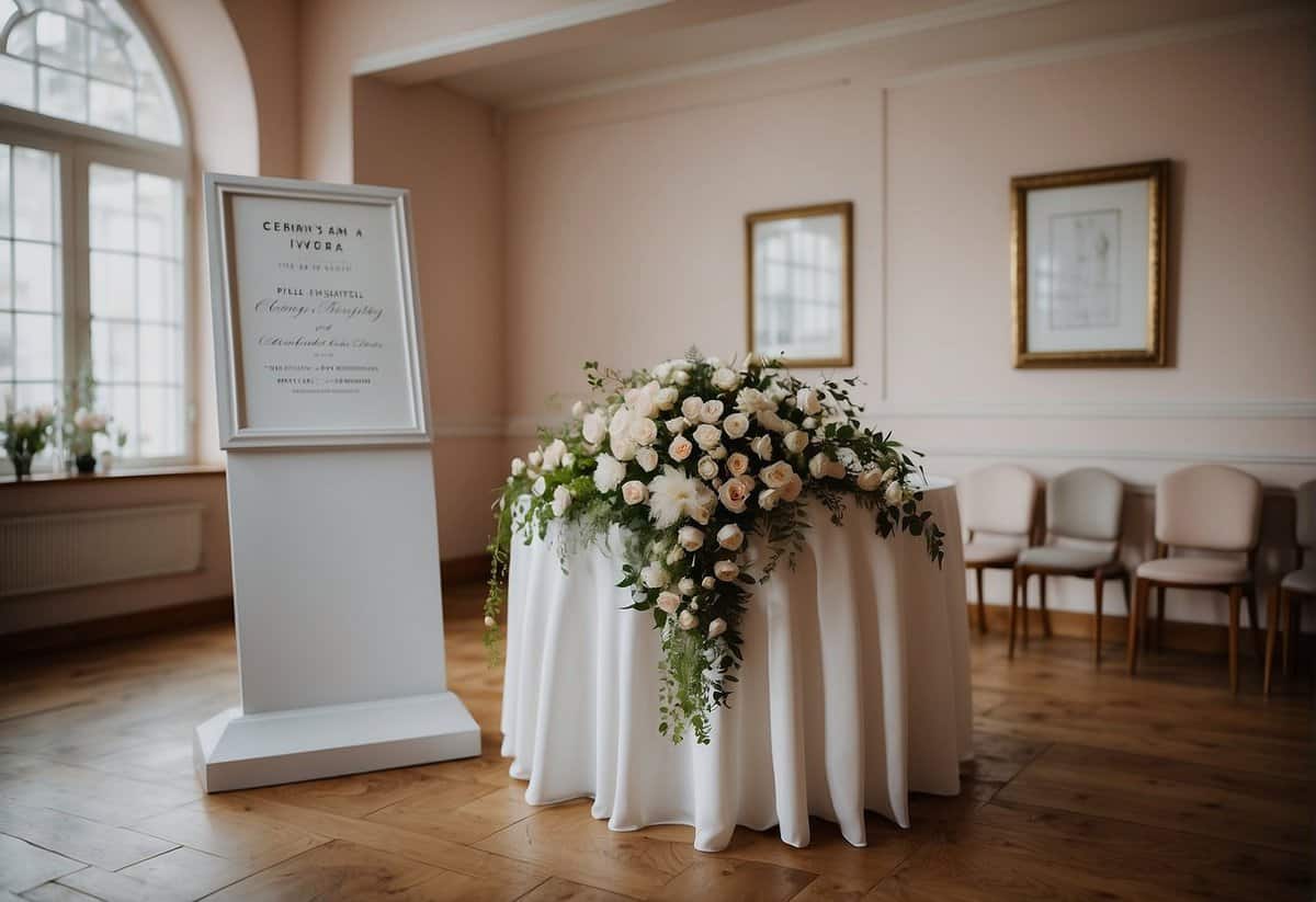 A registry office wedding scene: A simple room with a table, chairs, and a small podium for the ceremony. A sign on the wall reads "Ceremony Details" with space for names and dates