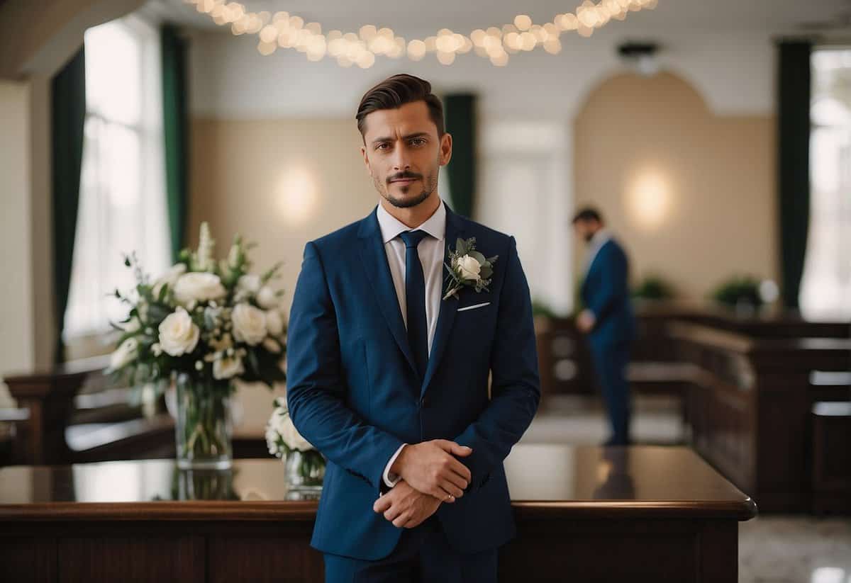 A groom stands alone in a simple registry office, waiting for his best man after the ceremony