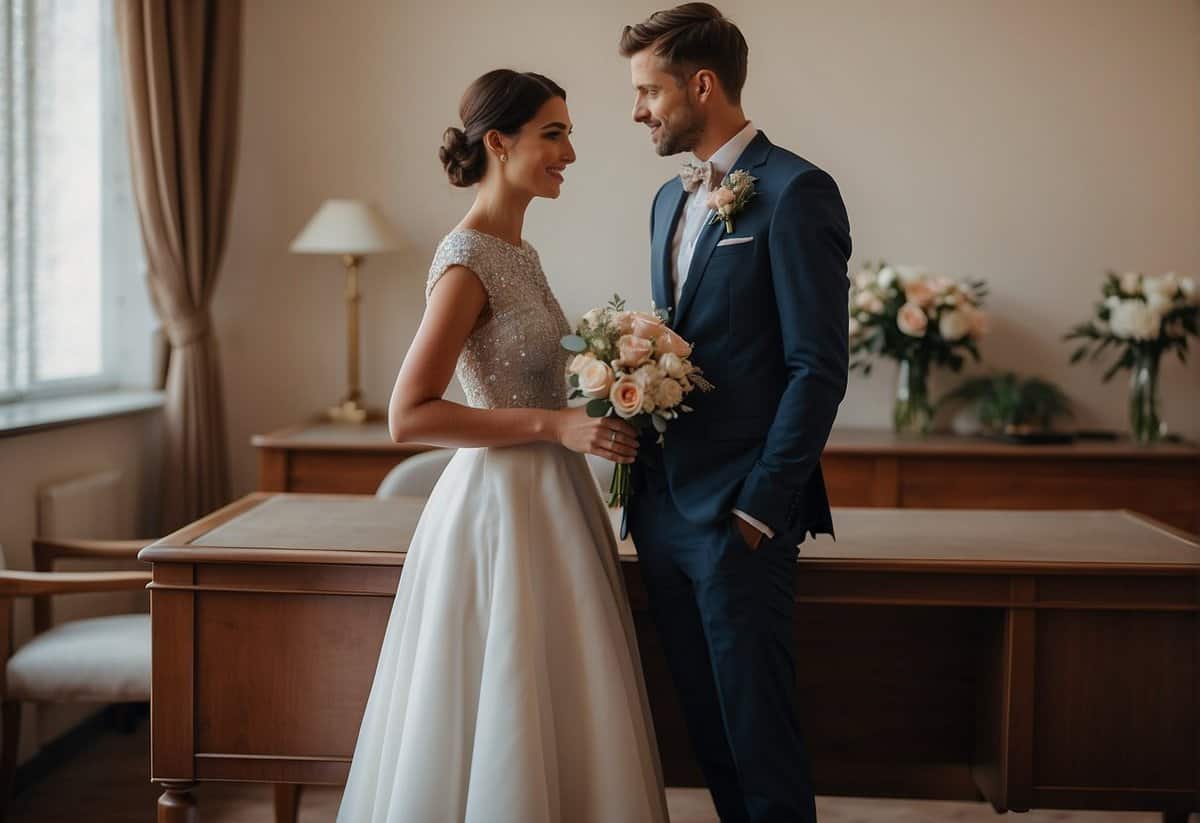 A couple stands before a simple, elegant desk in a registry office. The bride wears a chic knee-length dress, while the groom is dressed in a smart suit