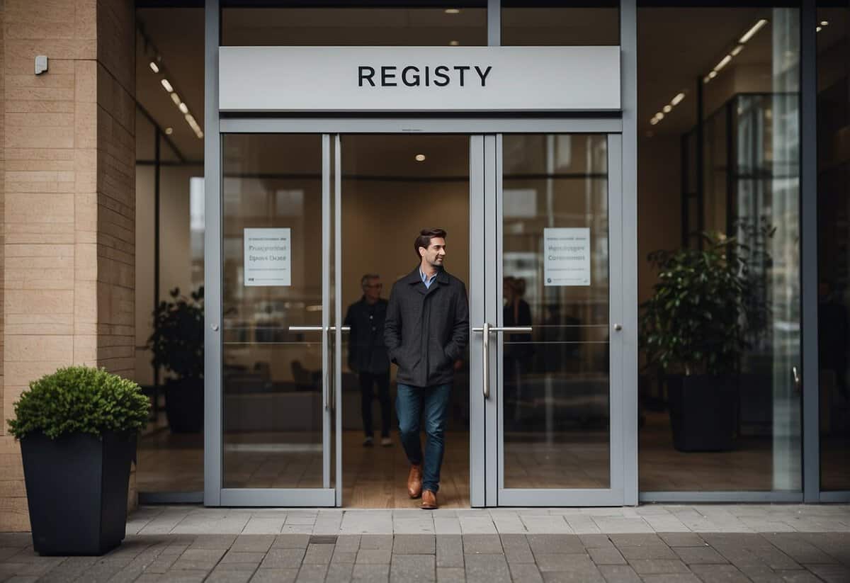A couple stands at the entrance of a registry office, dressed in casual yet elegant attire. The building is simple and modern, with large windows letting in natural light. A sign above the door reads "Registry Office."