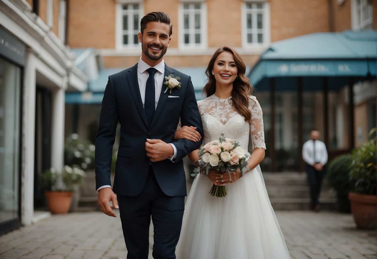 A couple stands at the entrance of a registry office, dressed in formal attire. The bride wears a simple and elegant dress, while the groom is in a smart suit. They both look happy and excited