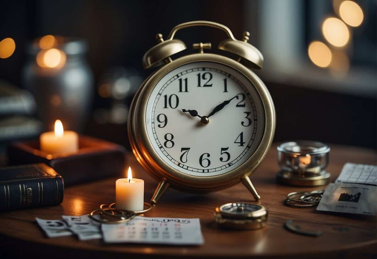 A clock with hands pointing to midnight, a calendar with past dates, and a wedding ring left untouched on a table