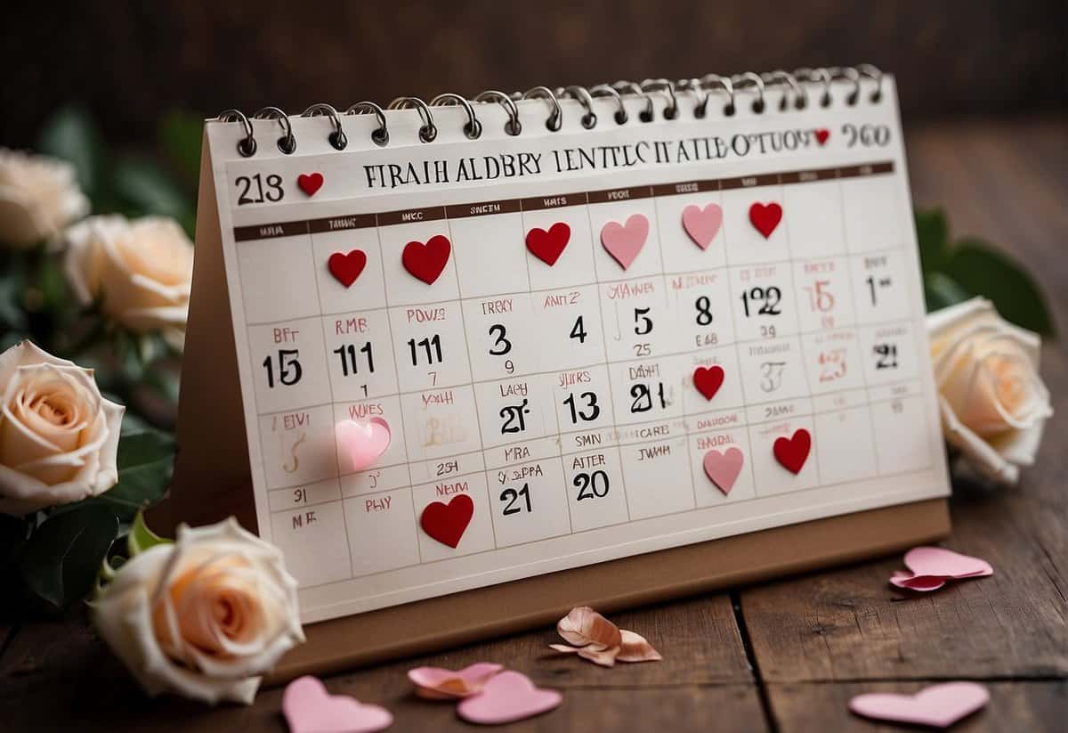 A calendar with customizable wedding date options, surrounded by romantic symbols like hearts and roses