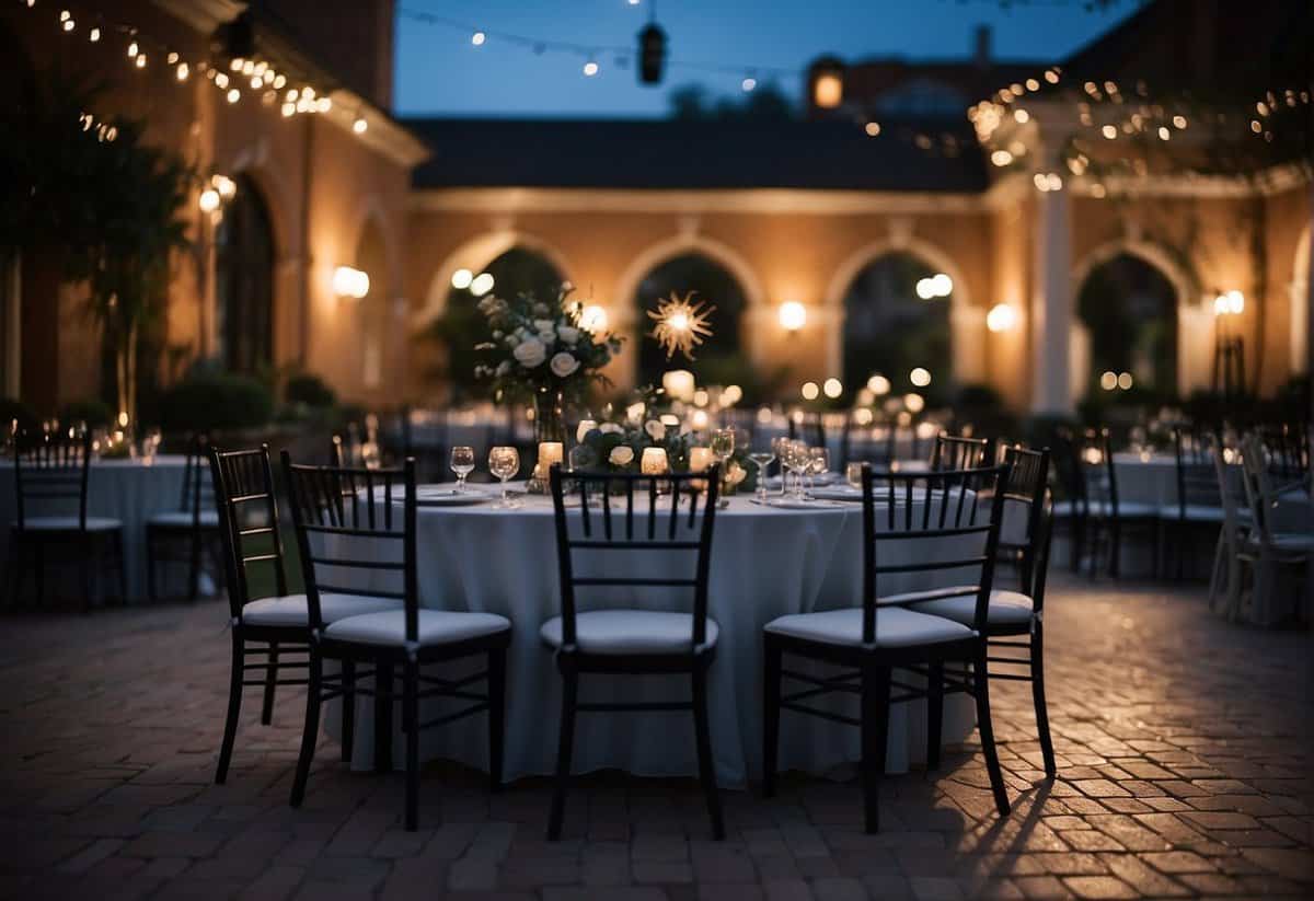A clock striking midnight, a dimly lit wedding venue, and empty chairs signify the late start of a wedding