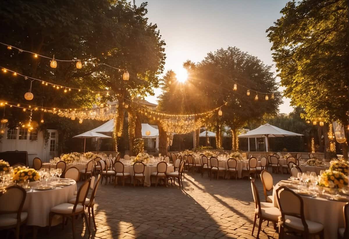 The sun hangs low in the sky, casting a warm golden glow over the wedding venue. The soft light illuminates the intricate details of the decorations, creating a magical atmosphere
