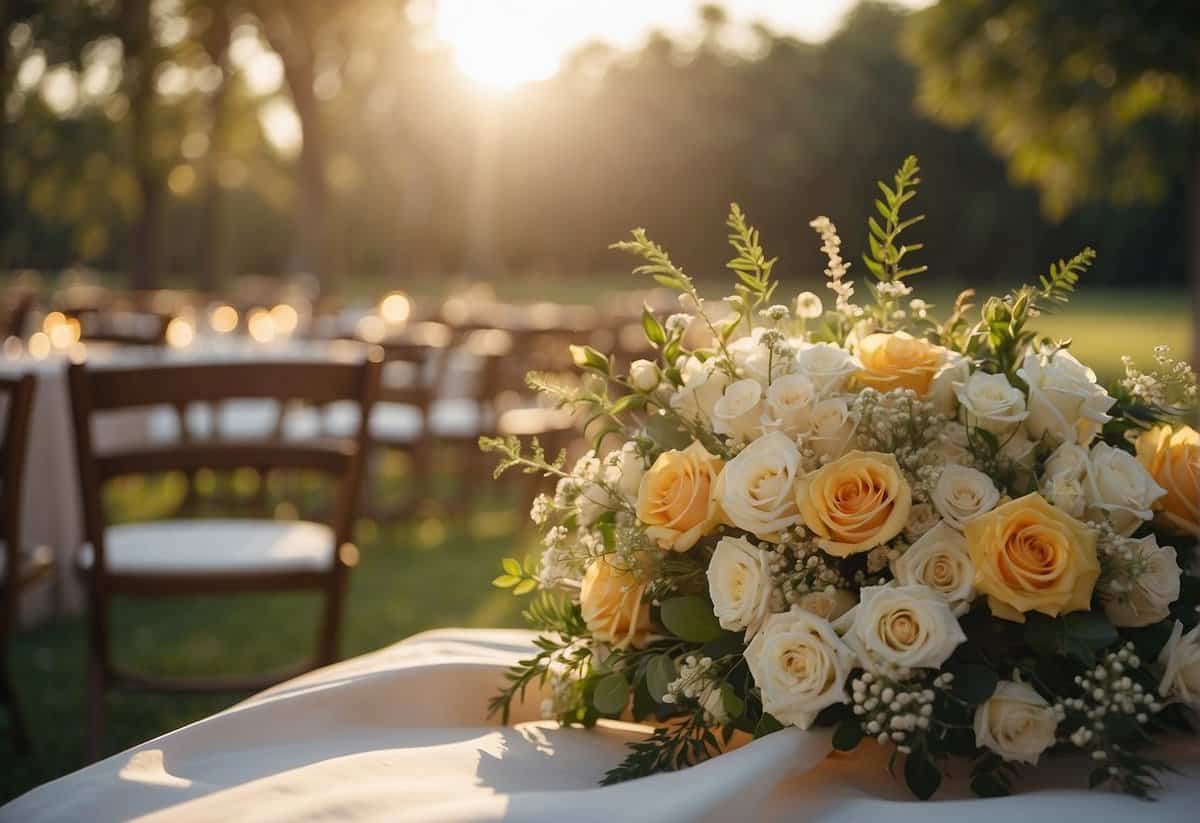 A wedding typically begins in the late afternoon or early evening. The sun is setting, casting a warm glow over the ceremony space. Floral arrangements and decorations are in place, creating a romantic atmosphere