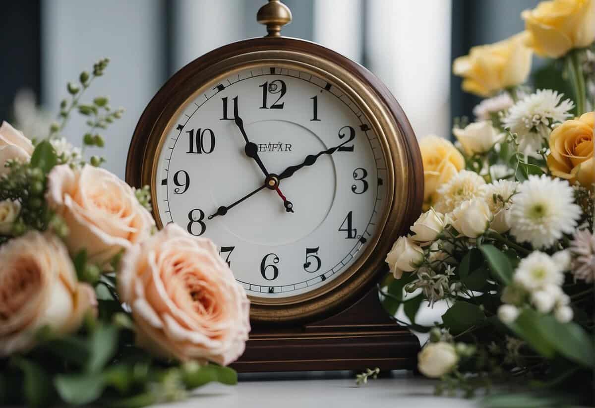 A clock showing 2:00 PM with a wedding invitation and a bouquet of flowers nearby
