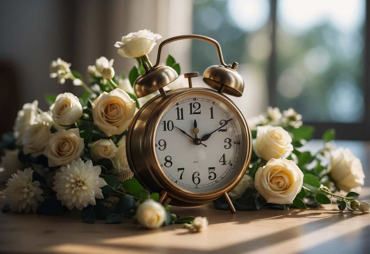 The room is filled with anticipation as flowers are arranged and music plays. The clock reads mid-morning, the most common time for a wedding to start