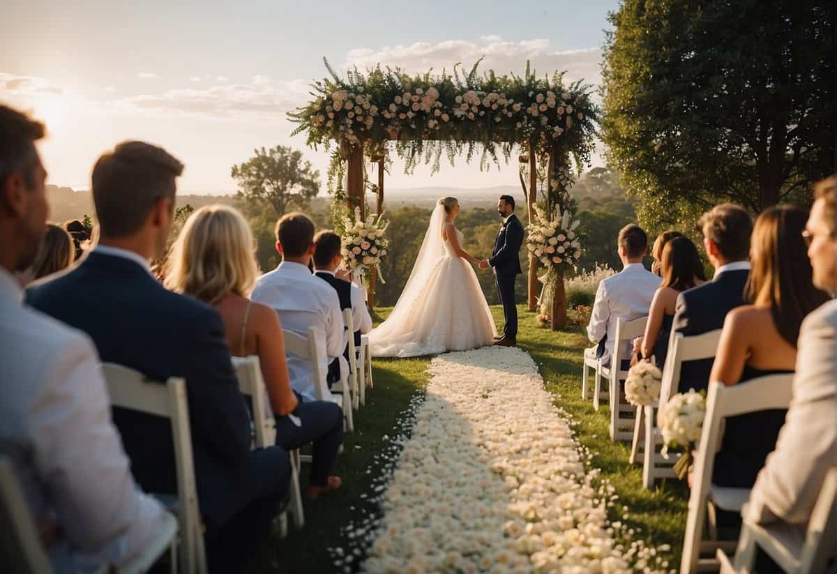 A wedding ceremony typically starts in the late afternoon or early evening. The setting is usually a decorated outdoor or indoor venue with seating for guests and an altar for the couple