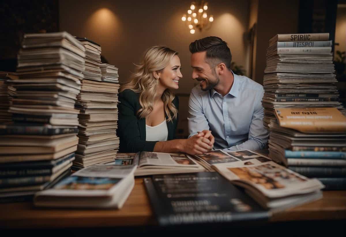 A couple sits at a table covered in wedding magazines and a notebook. They are discussing their vision for the big day, surrounded by inspiration and excitement