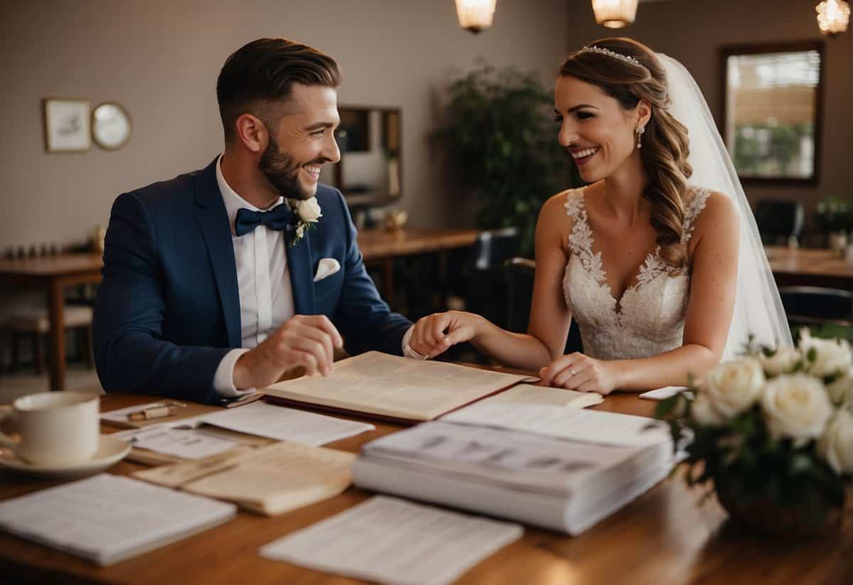 A bride and groom sit at a table, surrounded by wedding planning books and a calendar. They look over details with excitement and anticipation